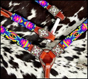 Showman  Beaded Neon Tribal 4 Piece Headstall and Breastcollar Set #3